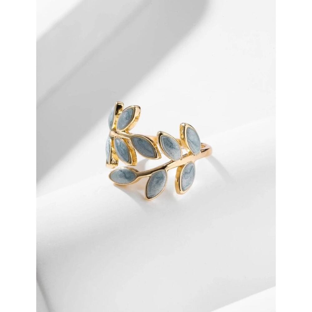 Blue & Gold Leaf Decor Cuff Ring w/ White & Pink Options, Casual Jewelry Gift